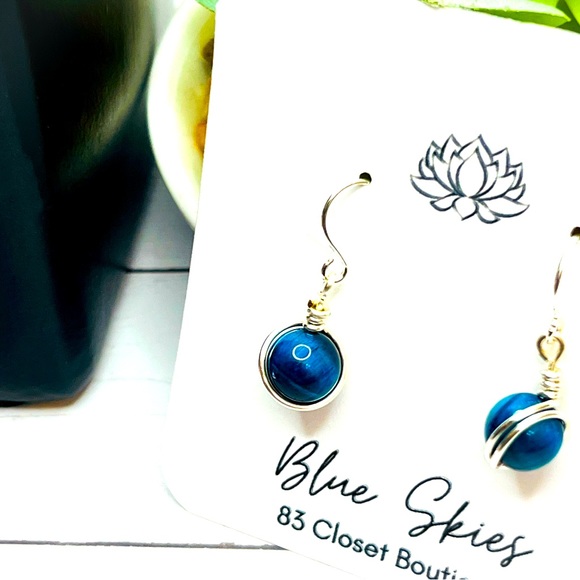 Blue Green Tigers Eye Silver Wire Wrapped Earring with Sterling Silver Hooks - Picture 1 of 4
